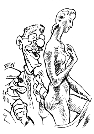 Karikatur: 'Die kniet vor keinen' von Johannes Habig. Zwei Ruhrpott-Originale, Hicke (gross, mit Brille und etwas intellektuellem Gesichtsausdruck) und Pick (klein, grinsend, leichte Schnapsnase) stehen sinnierend und diskutierend neben einer Skulptur einer knienden Frau mit geheimnisvollem Blick.